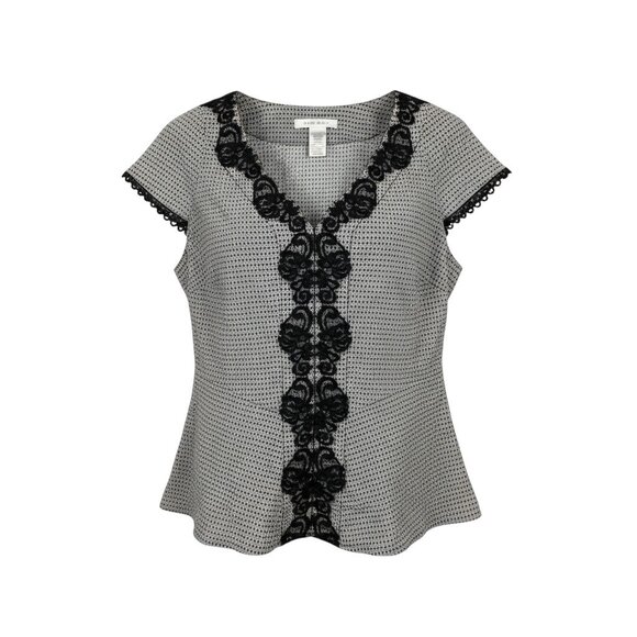 Nine West 100% Silk Lace Trim V Neck Blouse Womens Medium Black - Picture 2 of 14